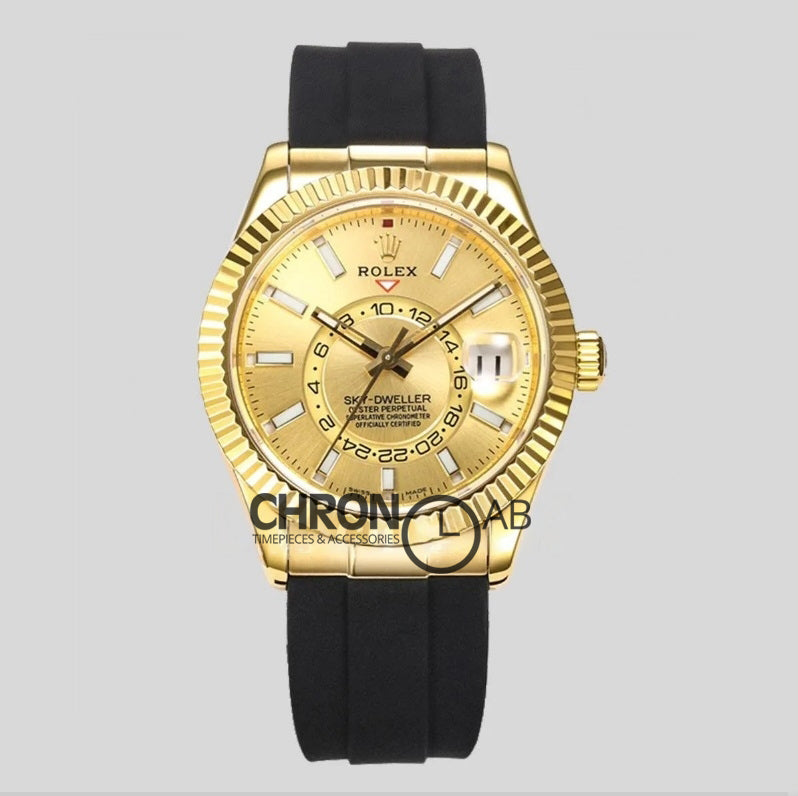 Sky Dweller Yellow Gold in Gold Dial on Black Rubber Strap