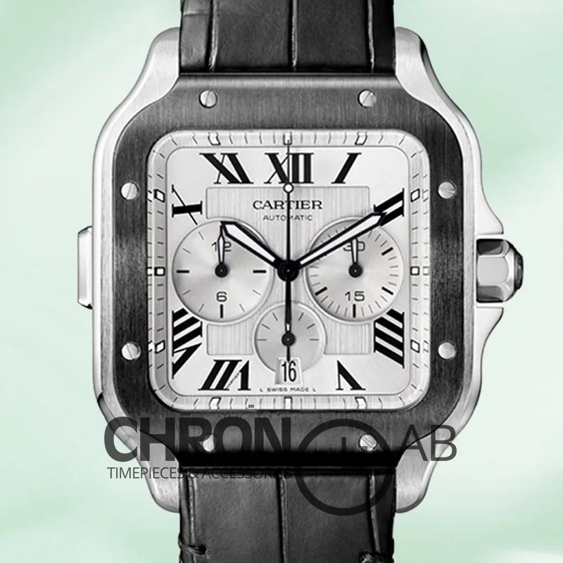 Santos Men’s WSSA0017 43mm Leather Strap Silver Chronograph
