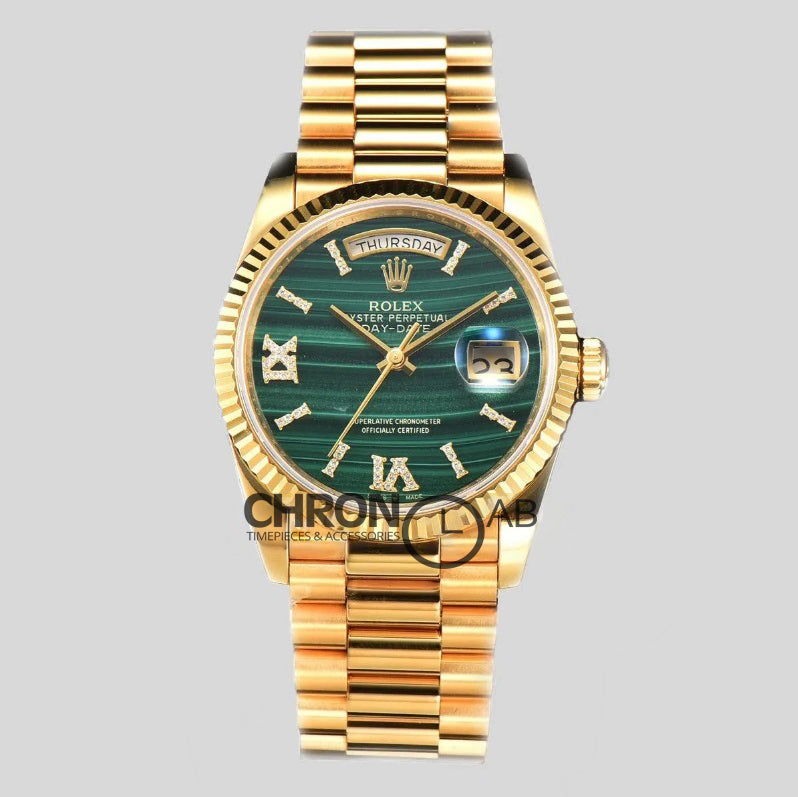 Day-Date 36 128238 Malachite Diamond Roman Dial in Yellow Gold