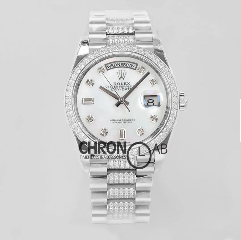 Day-Date 36 128349RBR MOP Dial with Diamond Bezel in White Gold
