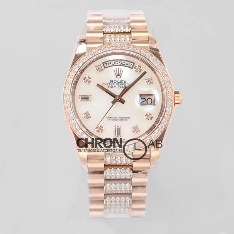 Day-Date 36 128345RBR MOP Dial with Diamond Bezel in Everose Gold