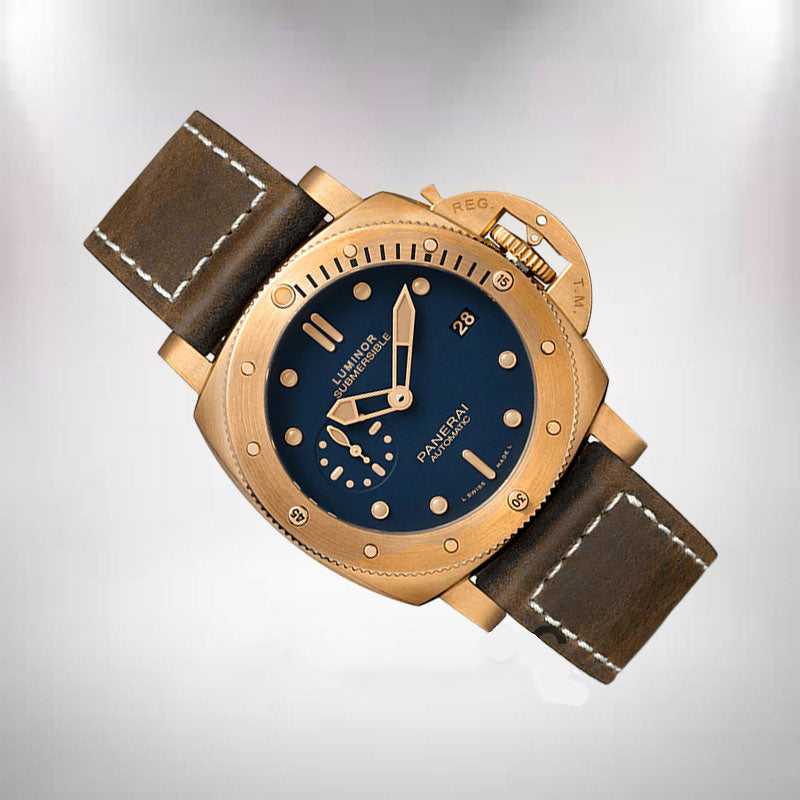 Submersible PAM01074 47mm Men's Blue Dial Rose Brawn Leather Gold-tone