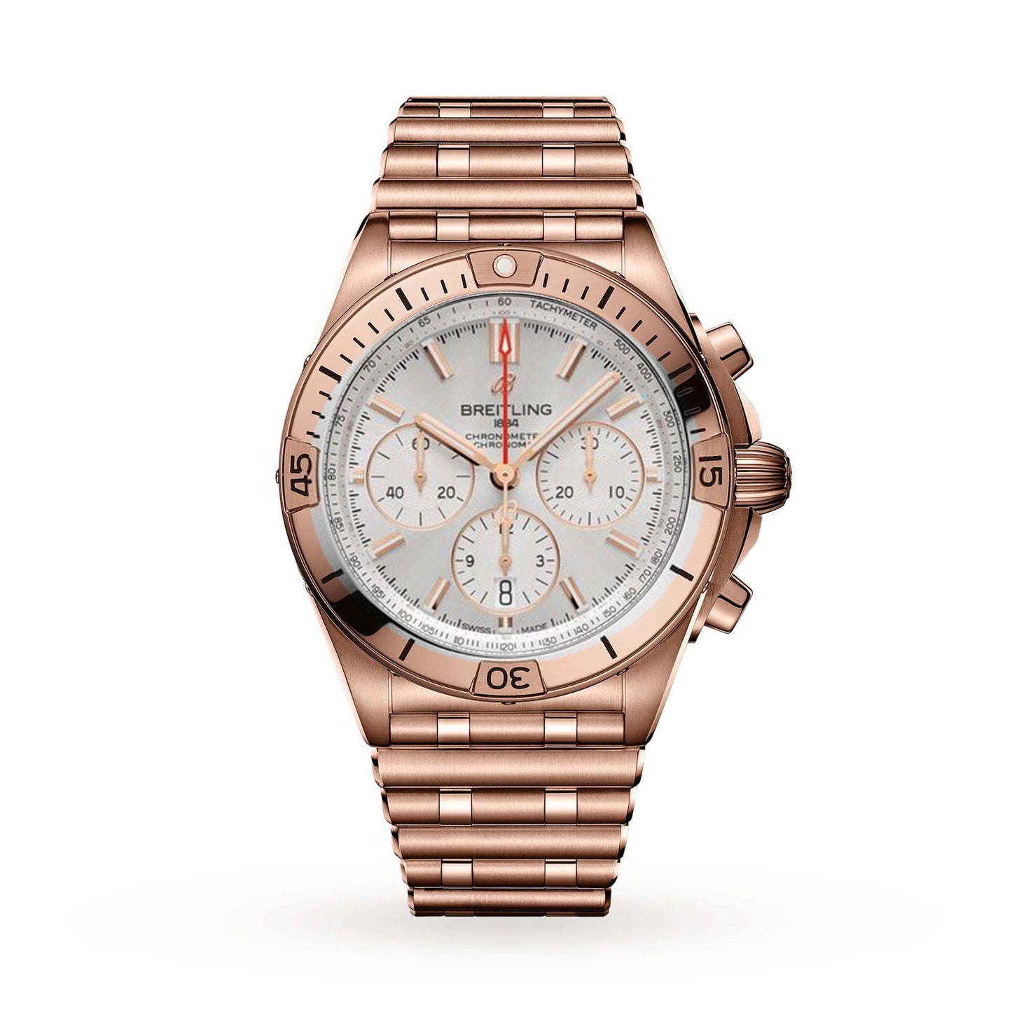 Chronomat B01 42mm 18k red gold watch RB0134101B1R2 with white dial and chronograph subdials