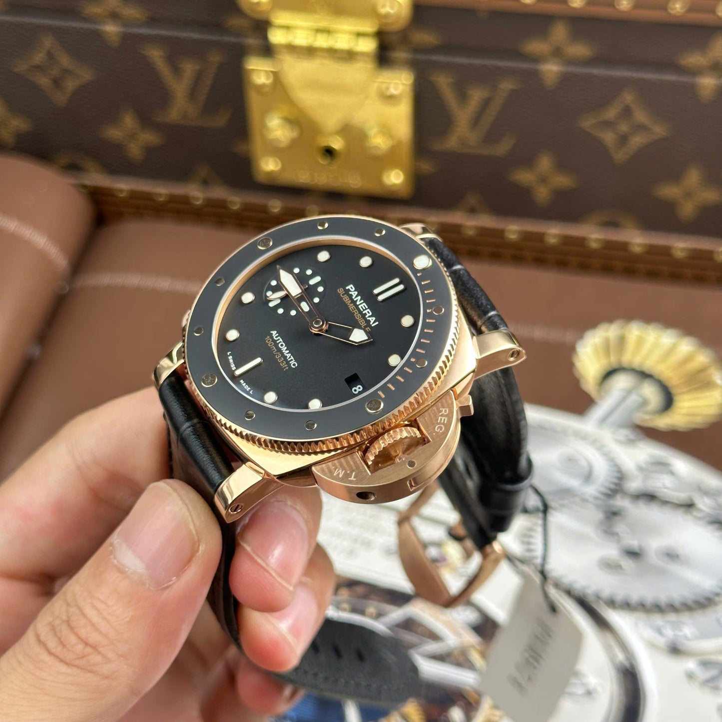 Panerai Submersible PAM974 Rose Gold Replica Watches Black Dial Leather Strap VS Factory 42mm