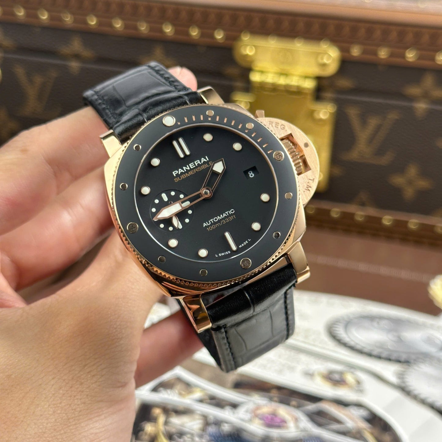 Panerai Submersible PAM974 Rose Gold Replica Watches Black Dial Leather Strap VS Factory 42mm