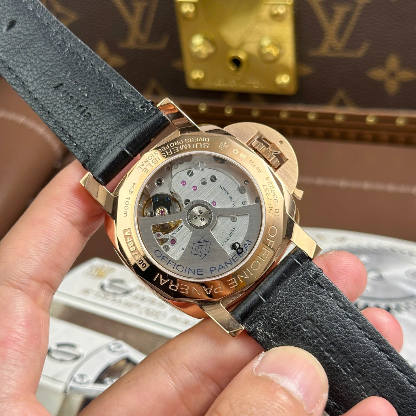 Panerai Submersible PAM974 Rose Gold Replica Watches Black Dial Leather Strap VS Factory 42mm