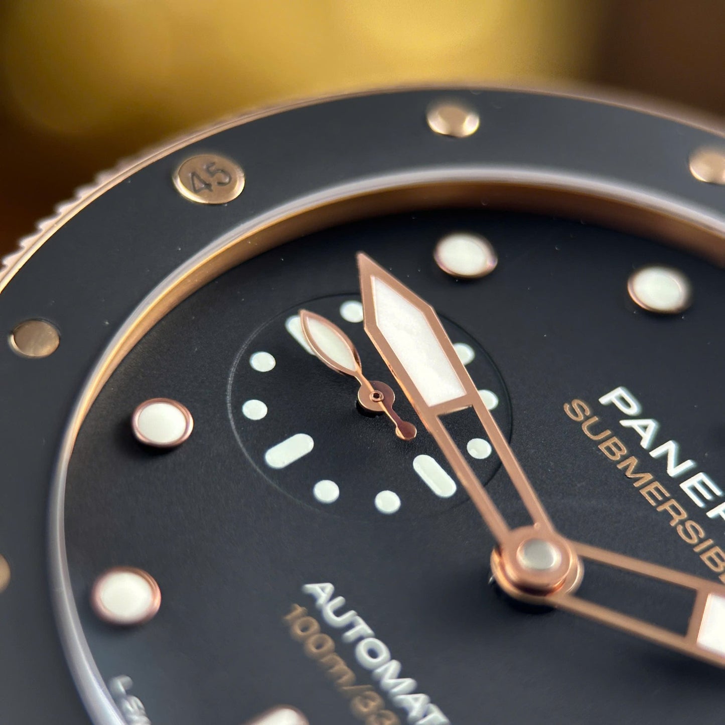 Panerai Submersible PAM974 Rose Gold Replica Watches Black Dial Leather Strap VS Factory 42mm