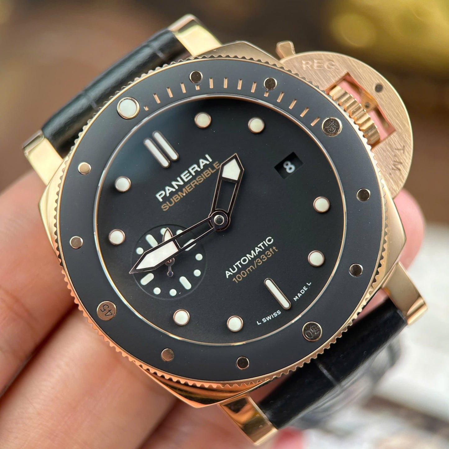 Panerai Submersible PAM974 Rose Gold Replica Watches Black Dial Leather Strap VS Factory 42mm