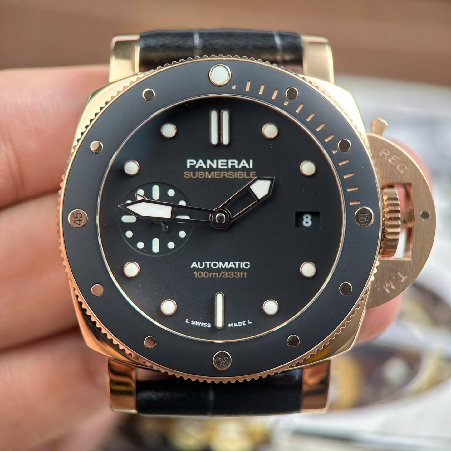 Panerai Submersible PAM974 Rose Gold Replica Watches Black Dial Leather Strap VS Factory 42mm