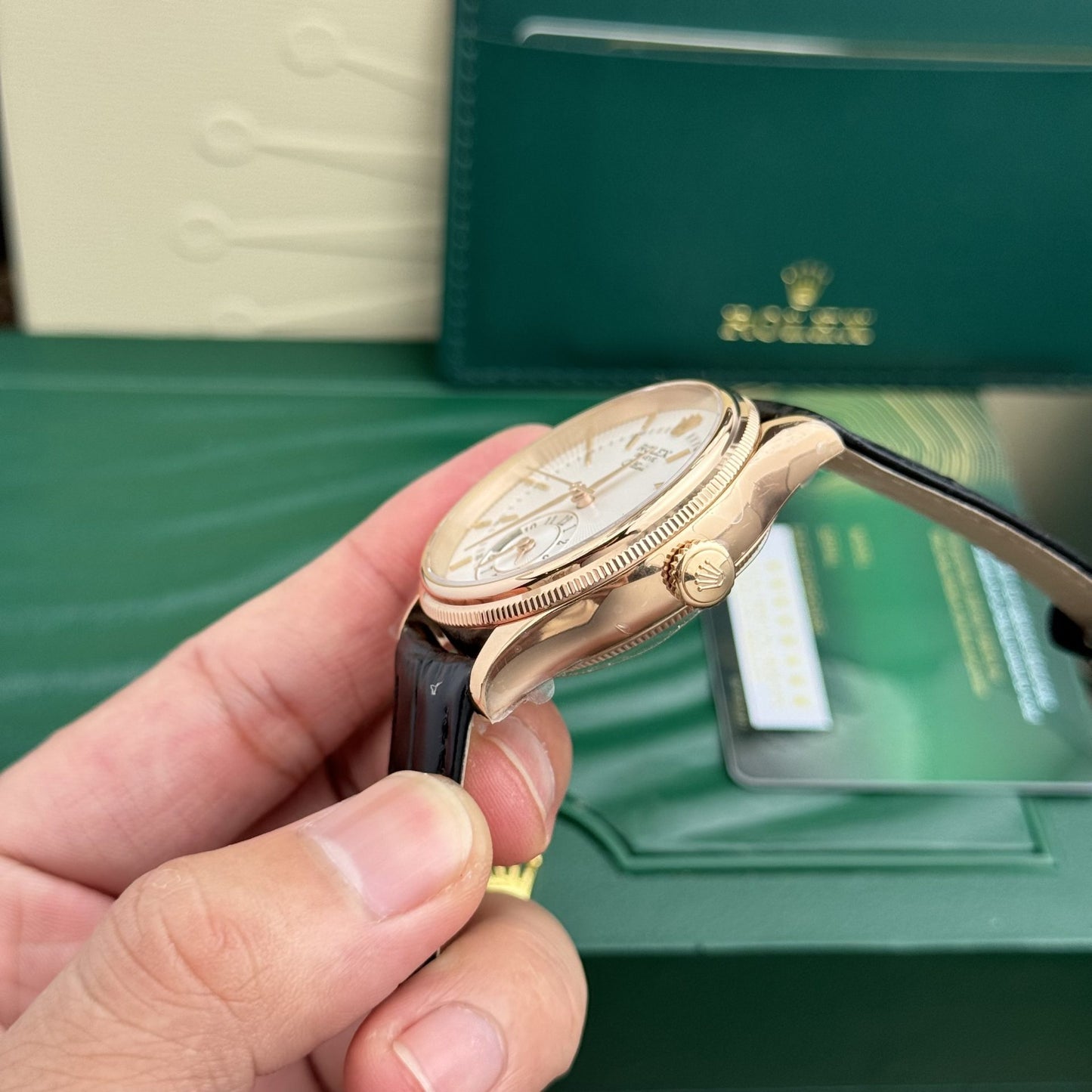 Rolex Cellini 50525 Replica White Dial Leather Strap 39mm Clone