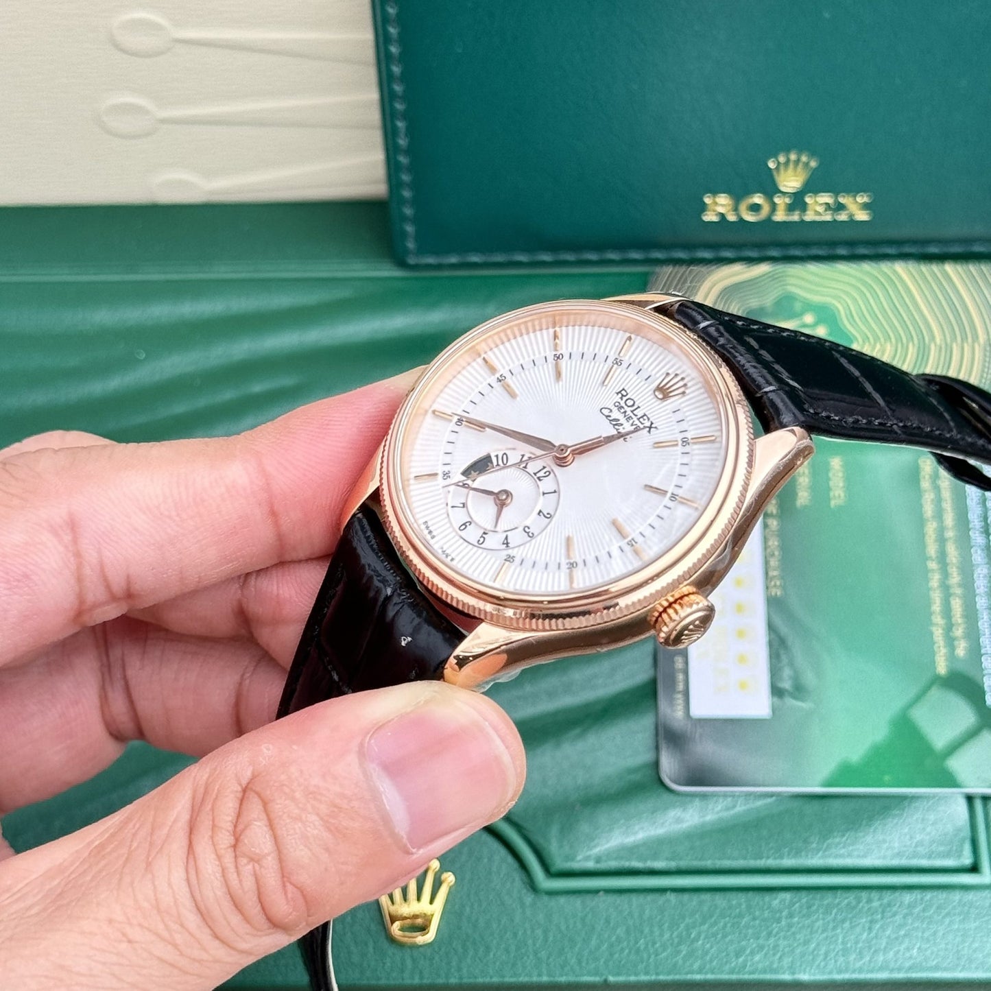 Rolex Cellini 50525 Replica White Dial Leather Strap 39mm Clone