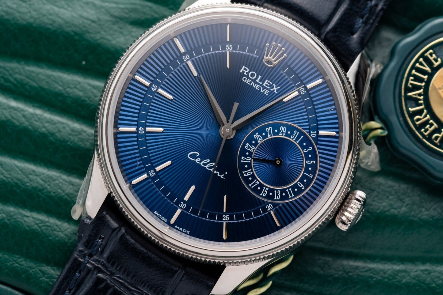 Rolex Replica Watch Cellini Date 50519 Blue Dial Leather Strap 39mm