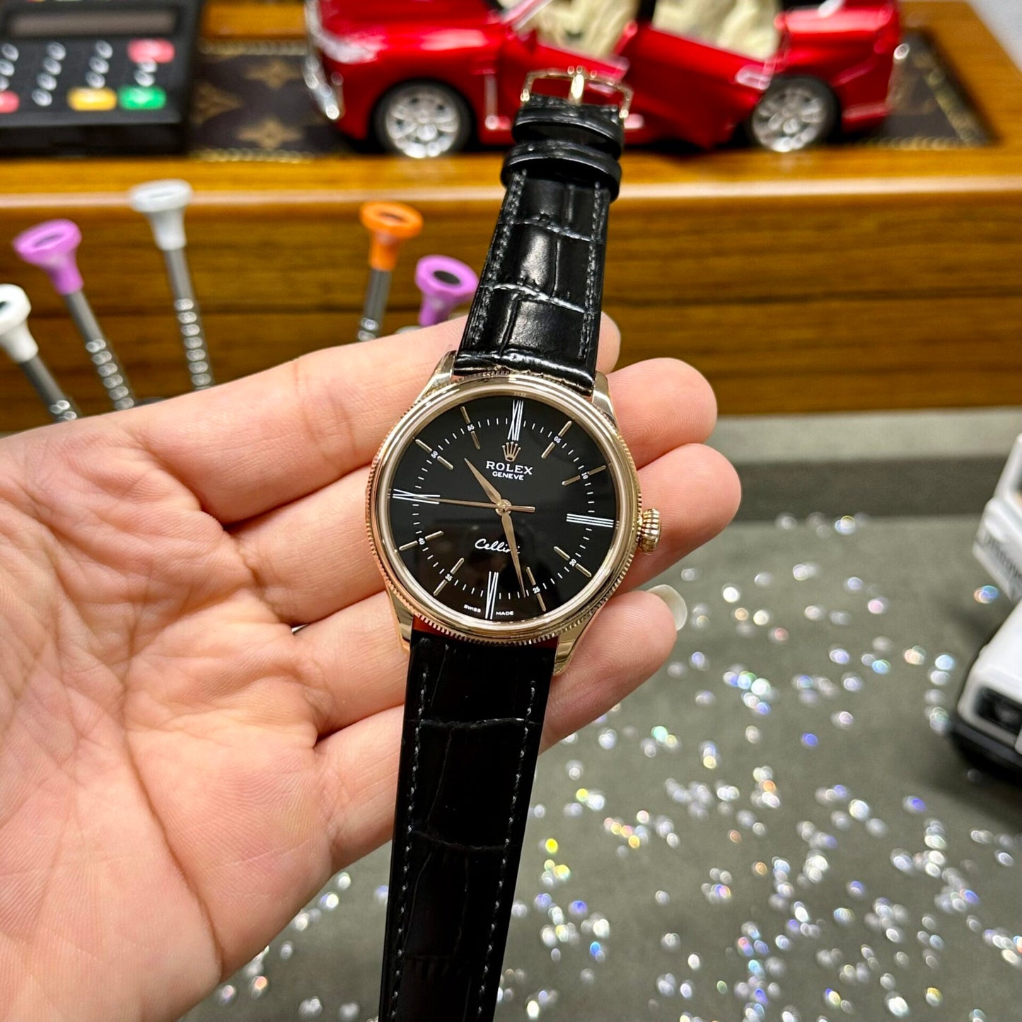 Rolex Cellini Time 50505 Black Dial Leather Strap 39mm Clone