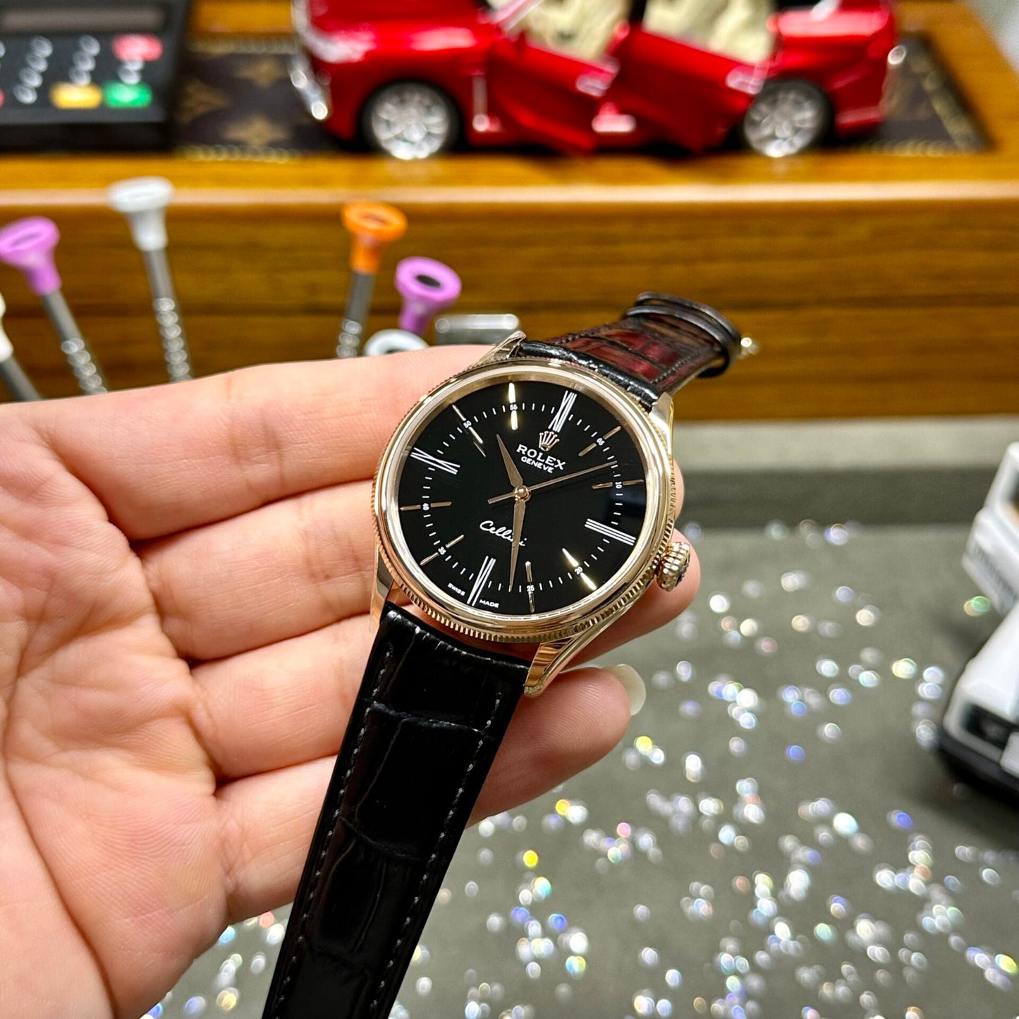 Rolex Cellini Time 50505 Black Dial Leather Strap 39mm Clone
