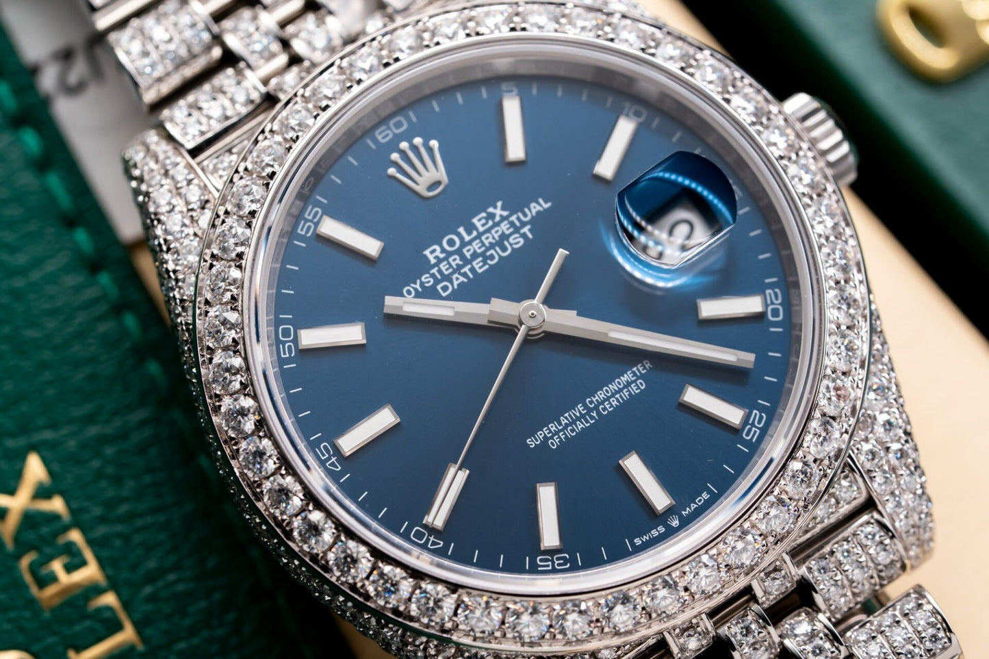 Rolex DateJust 126334 Replica Watch Blue Dial Full Diamond Moissanite 41mm Clone