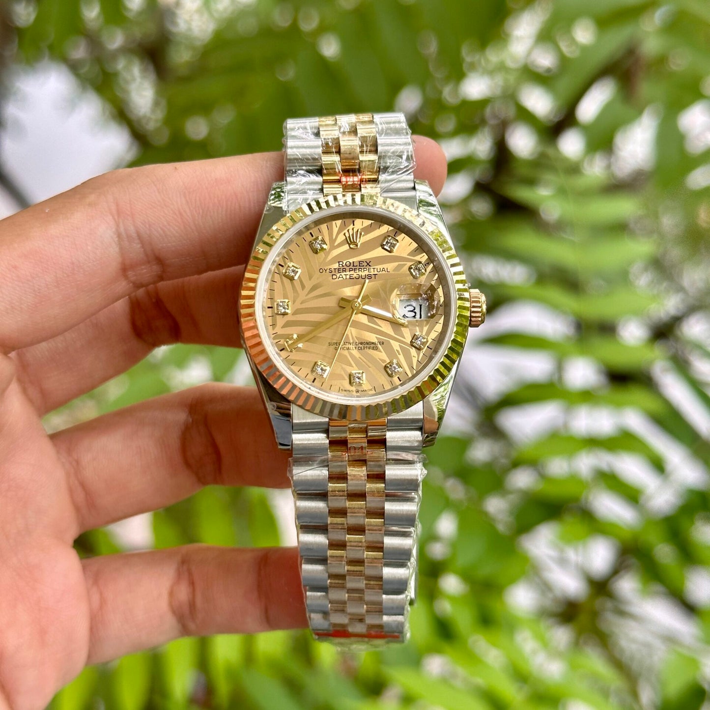 Rolex DateJust 18K Gold Wrapped Replica Watch Palm Leaf Dial GM 36mm Clone
