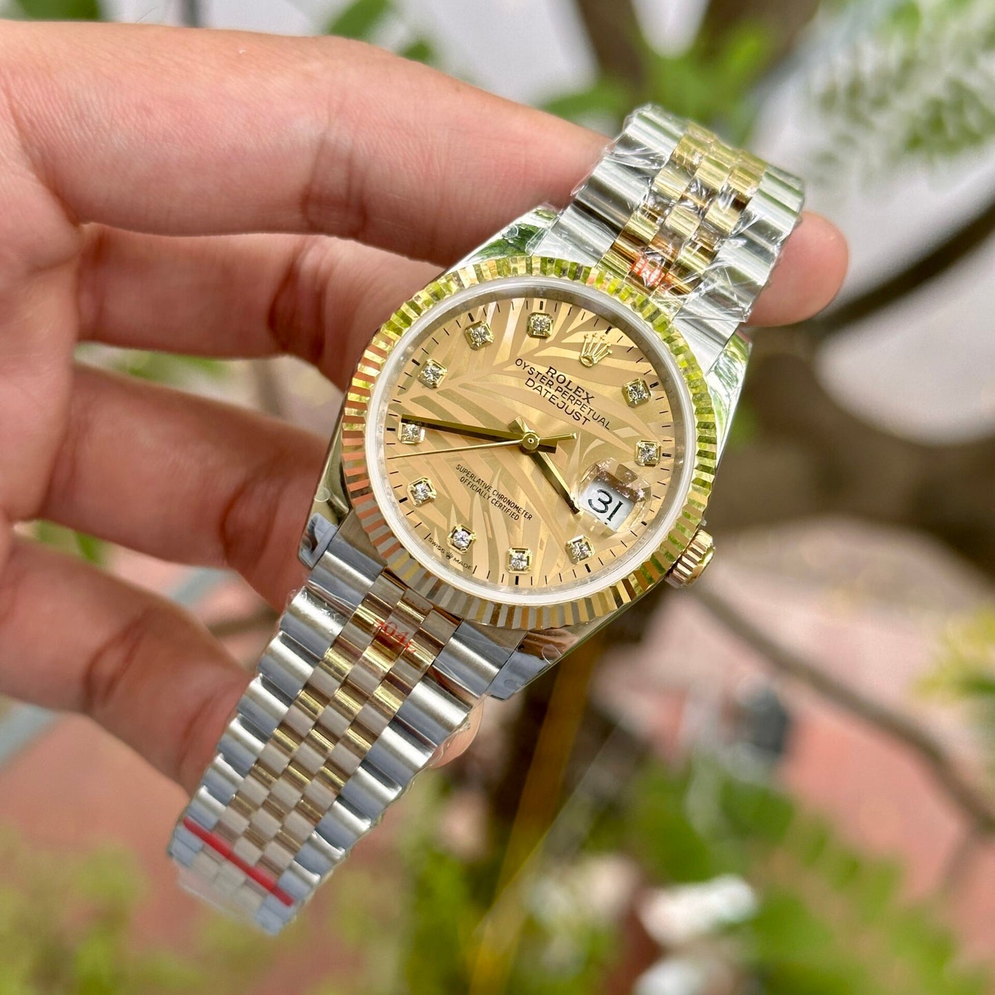 Rolex DateJust 18K Gold Wrapped Replica Watch Palm Leaf Dial GM 36mm Clone
