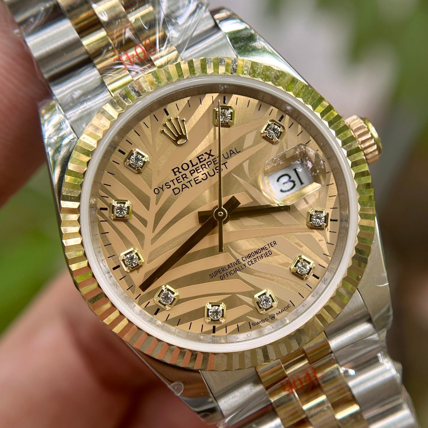 Rolex DateJust 18K Gold Wrapped Replica Watch Palm Leaf Dial GM 36mm Clone