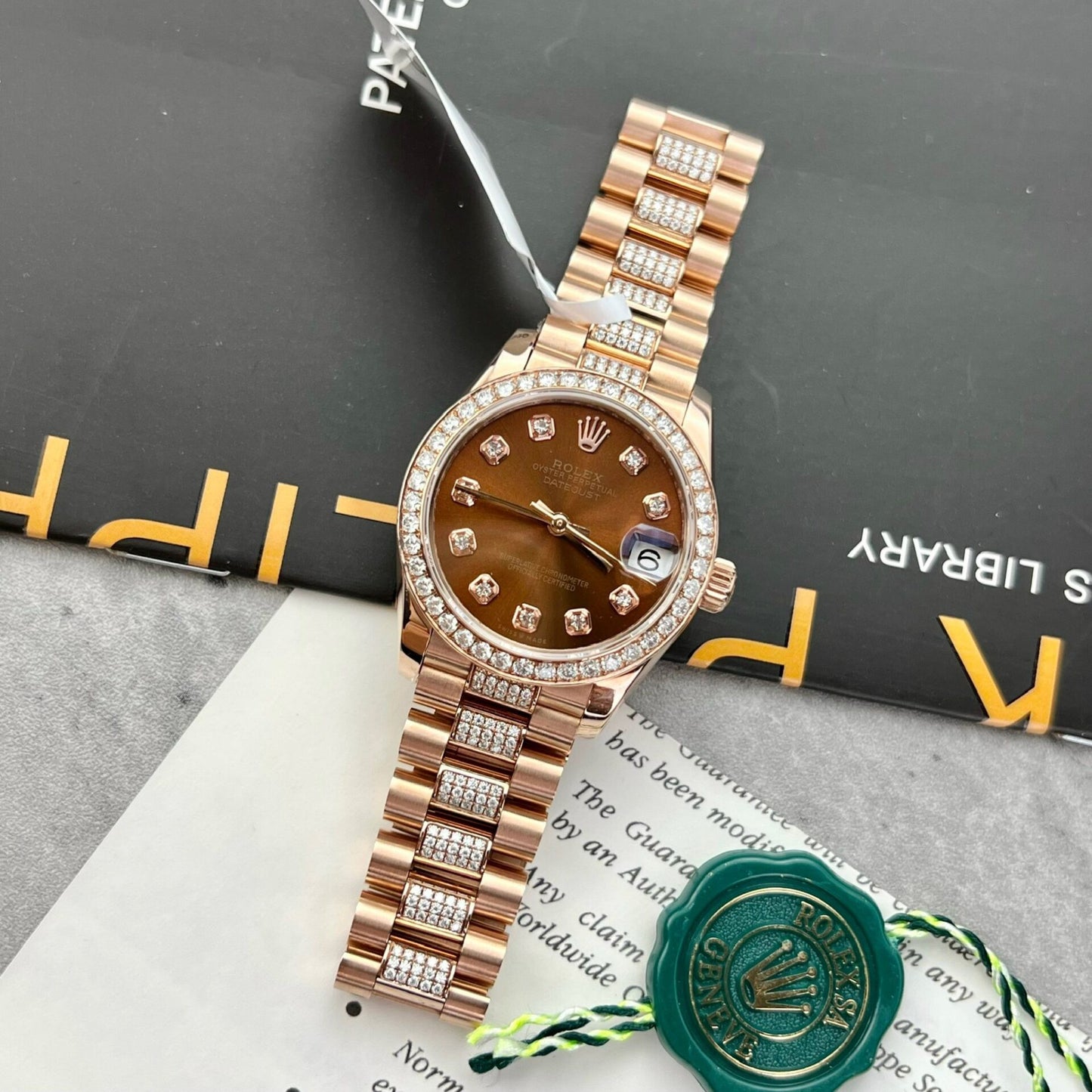 Rolex DateJust Gold Wrapped Moissanite Replica Watch With Chocolate Dial 31mm Clone