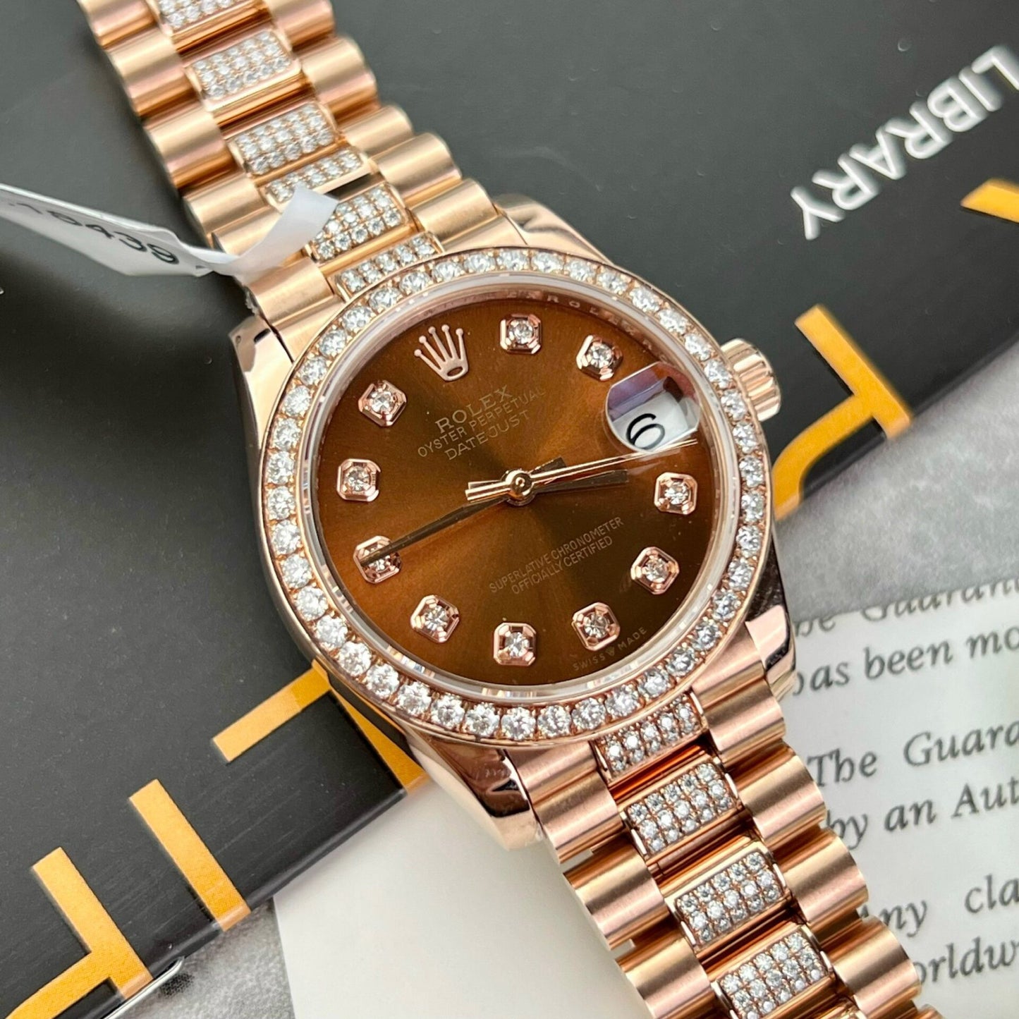 Rolex DateJust Gold Wrapped Moissanite Replica Watch With Chocolate Dial 31mm Clone