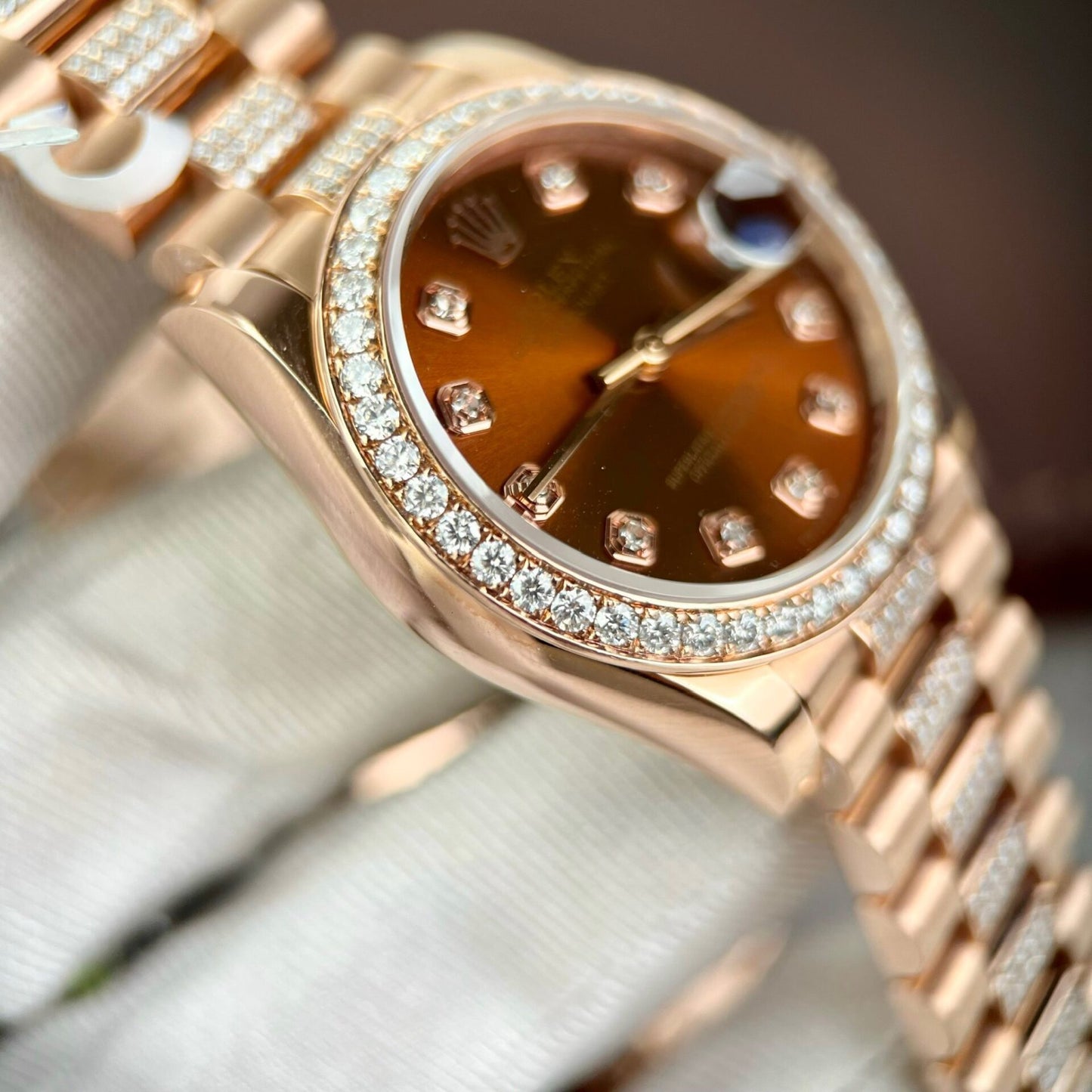 Rolex DateJust Gold Wrapped Moissanite Replica Watch With Chocolate Dial 31mm Clone