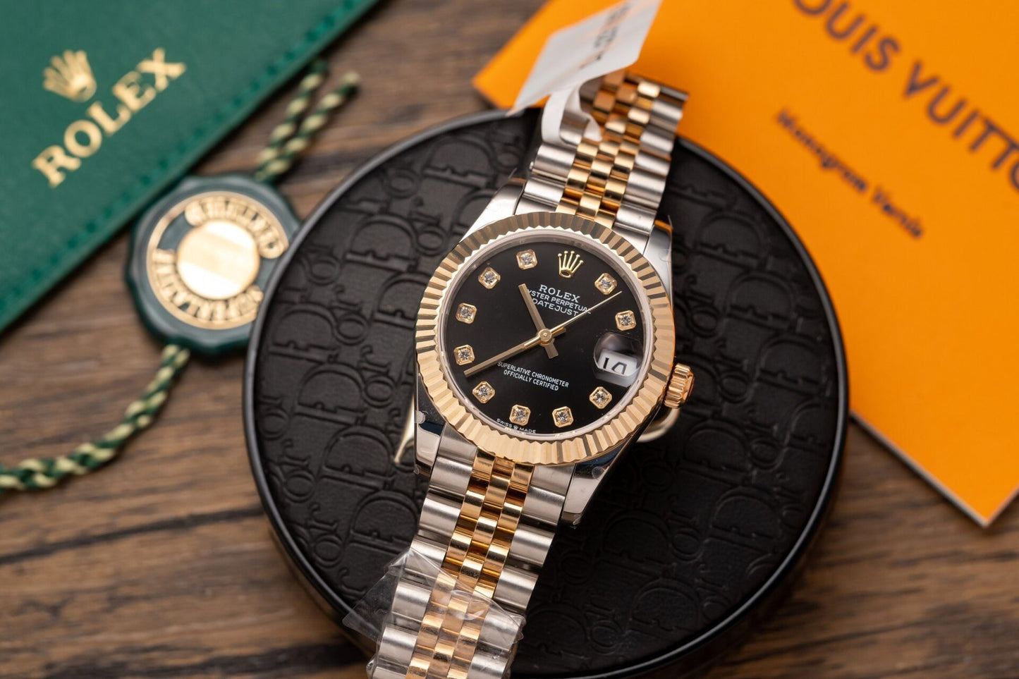 Rolex Best Replica Watches DateJust Gold Wrapped Black Dial 31mm Clone