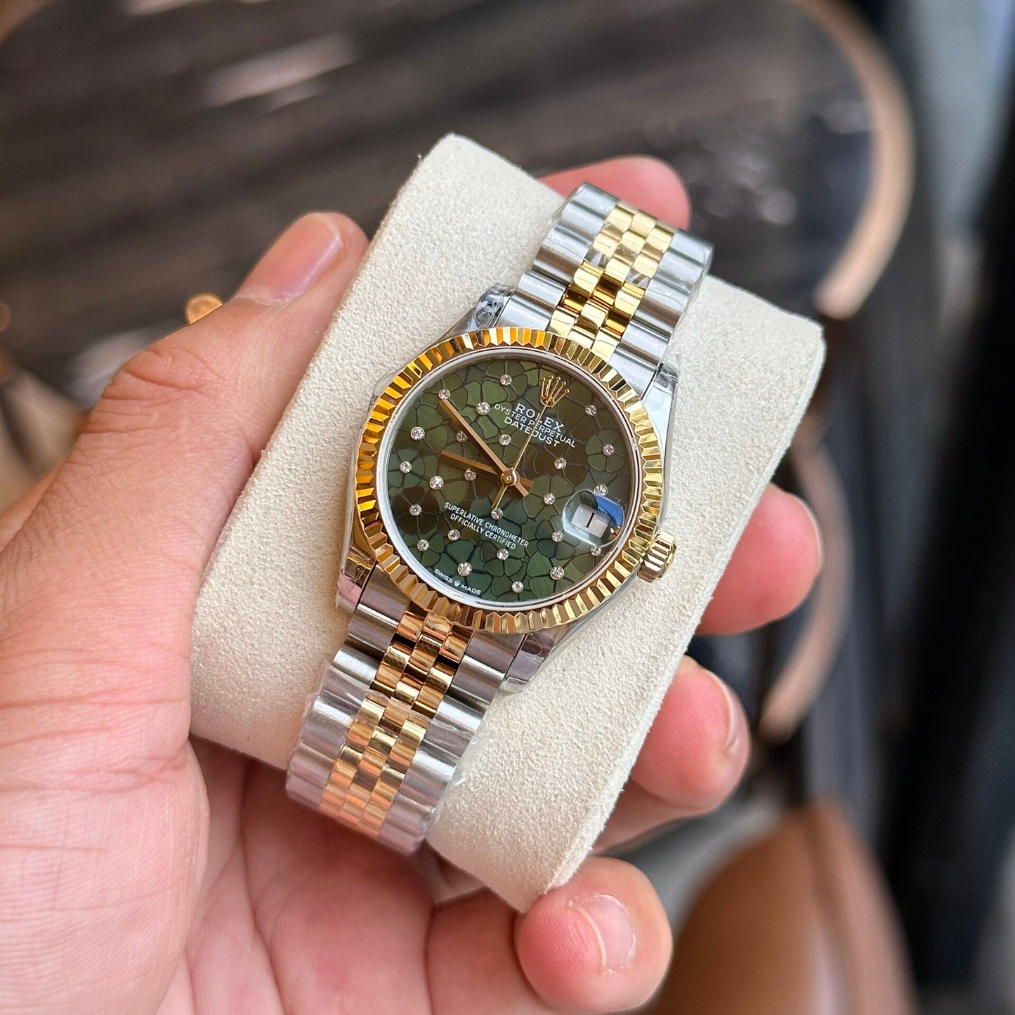Rolex DateJust Replica Watch Demi Gold Green Leaf Dial 31mm Clone