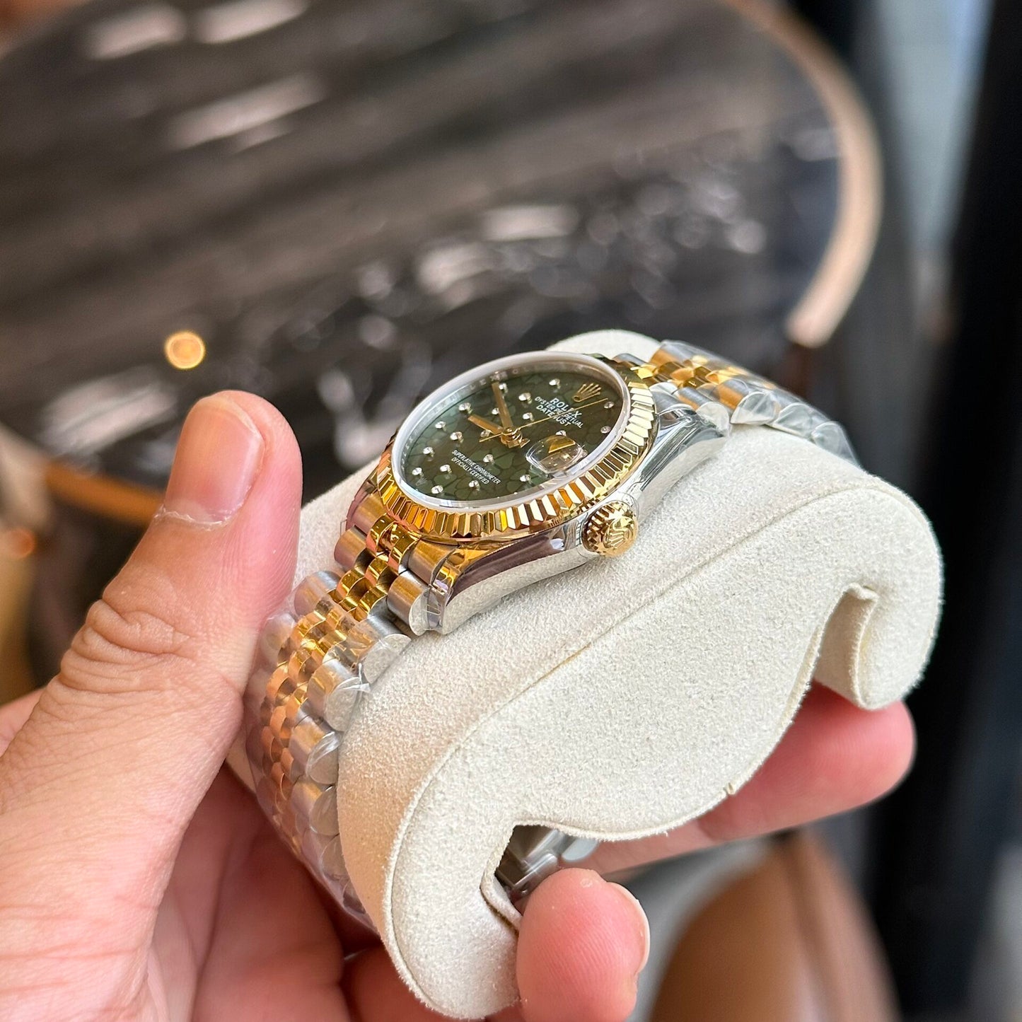 Rolex DateJust Replica Watch Demi Gold Green Leaf Dial 31mm Clone