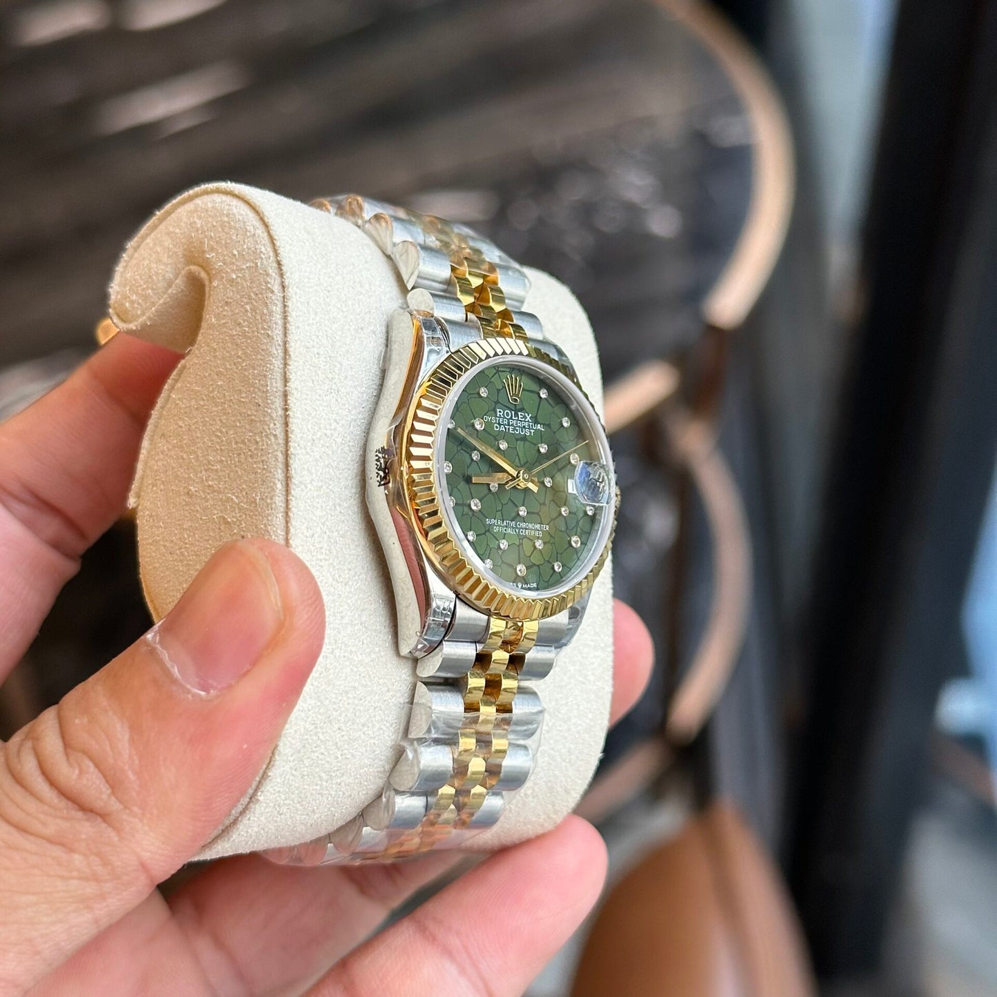 Rolex DateJust Replica Watch Demi Gold Green Leaf Dial 31mm Clone