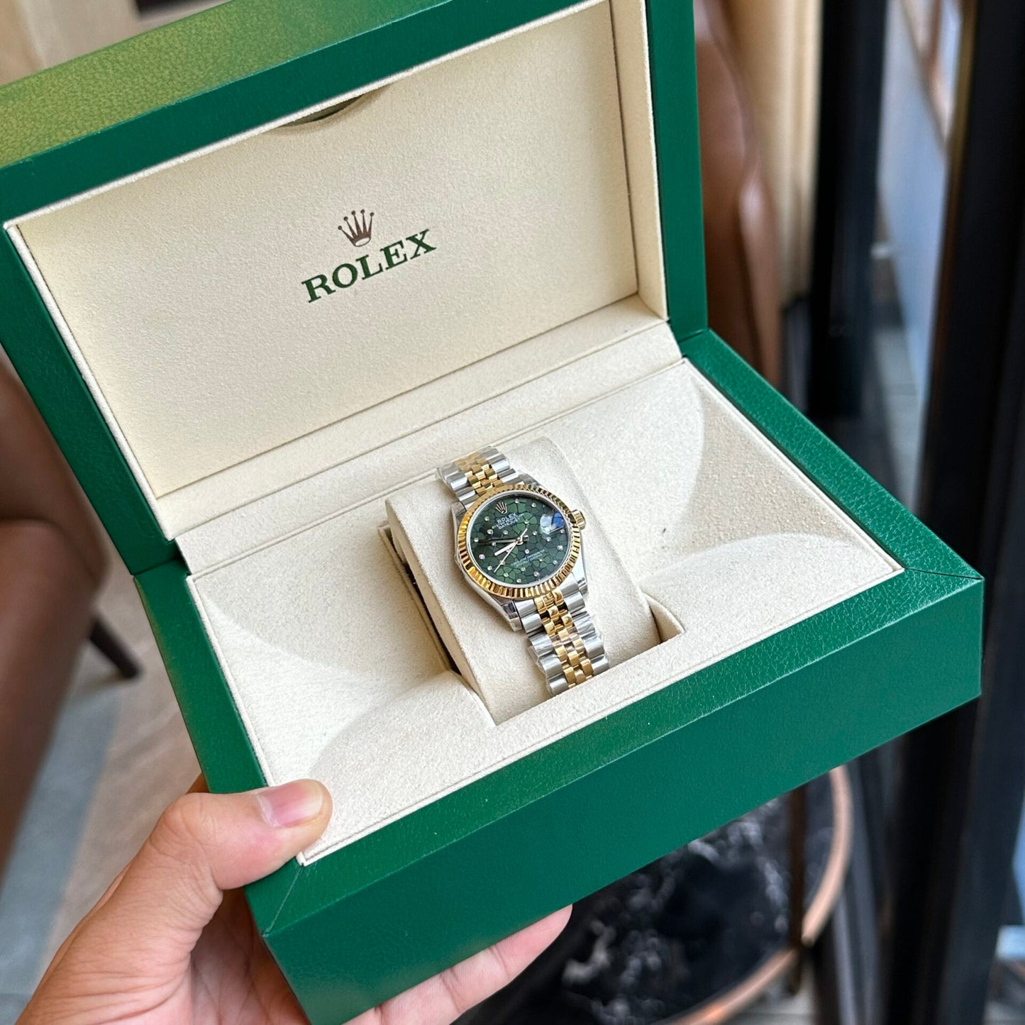 Rolex DateJust Replica Watch Demi Gold Green Leaf Dial 31mm Clone