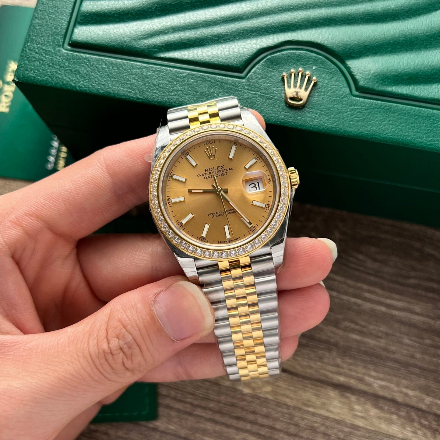 Rolex DateJust Replica Watch Demi Gold Diamonds Bezel EW Factory 36mm