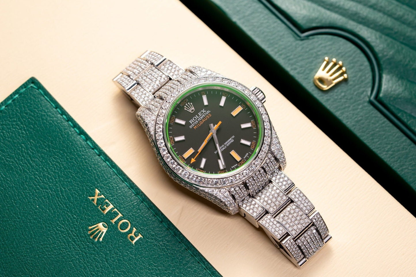 Rolex Milgauss Replica Watch Blue Dial Full Diamond Moissanite 41mm Clone