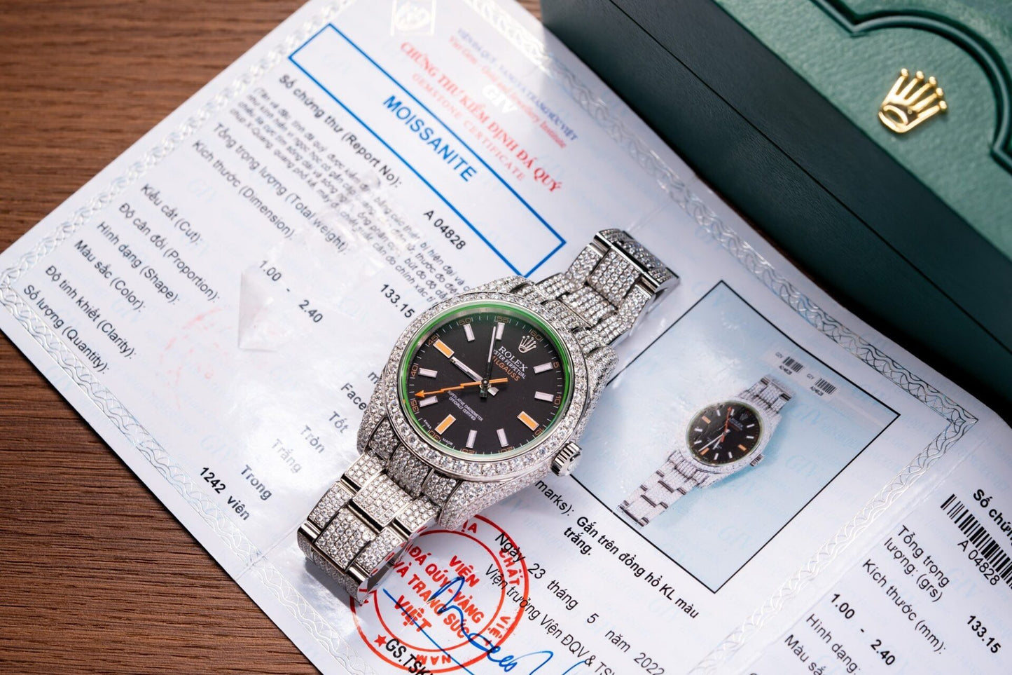 Rolex Milgauss Replica Watch Blue Dial Full Diamond Moissanite 41mm Clone