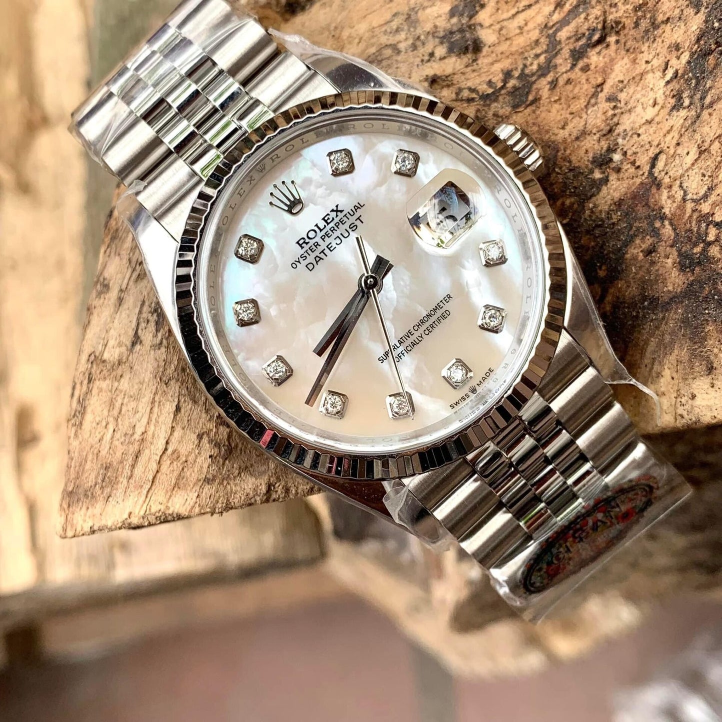 Rolex DateJust Replica Watch Natural Mother of Pearl Dial Moissanite Markers Clean Factory 41mm