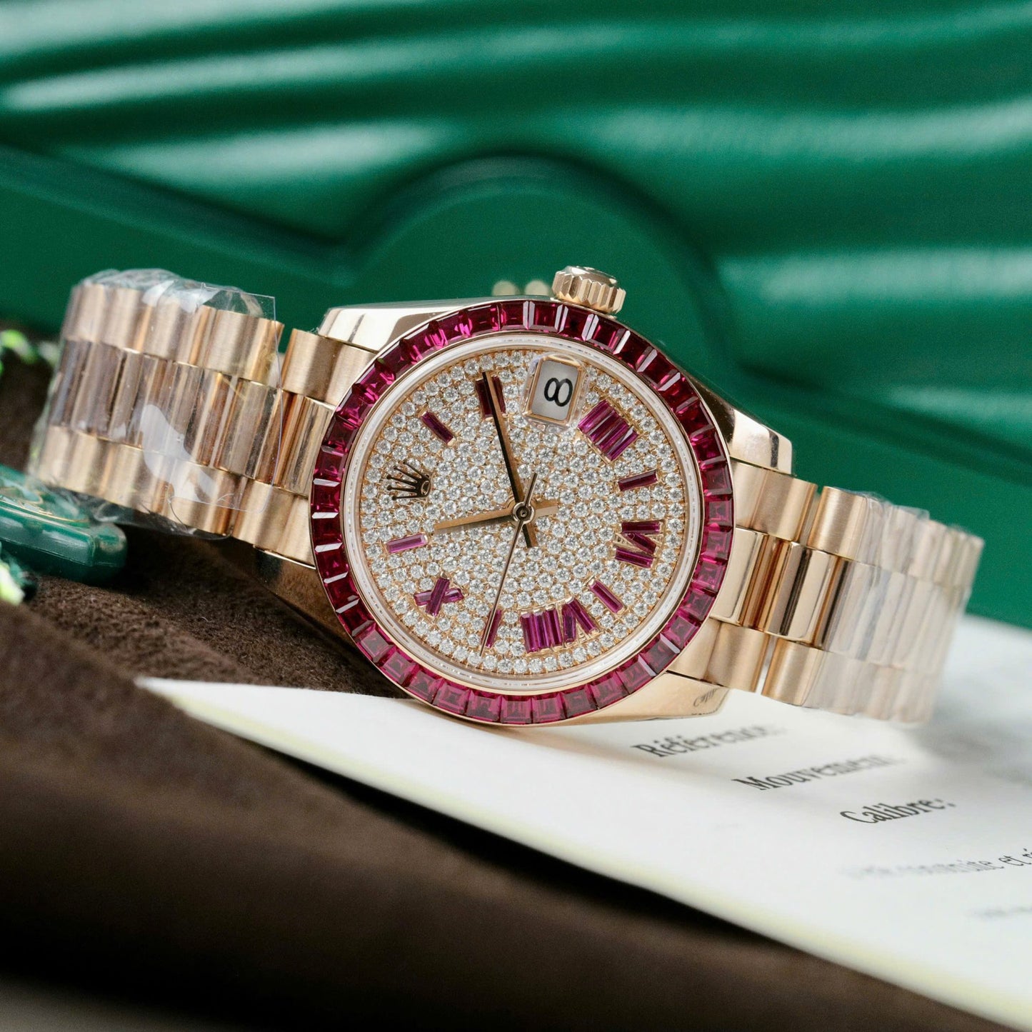 Rolex DateJust Women Custom Gold Wrapped + Ruby Baguette + Diamonds Moissanite 31mm