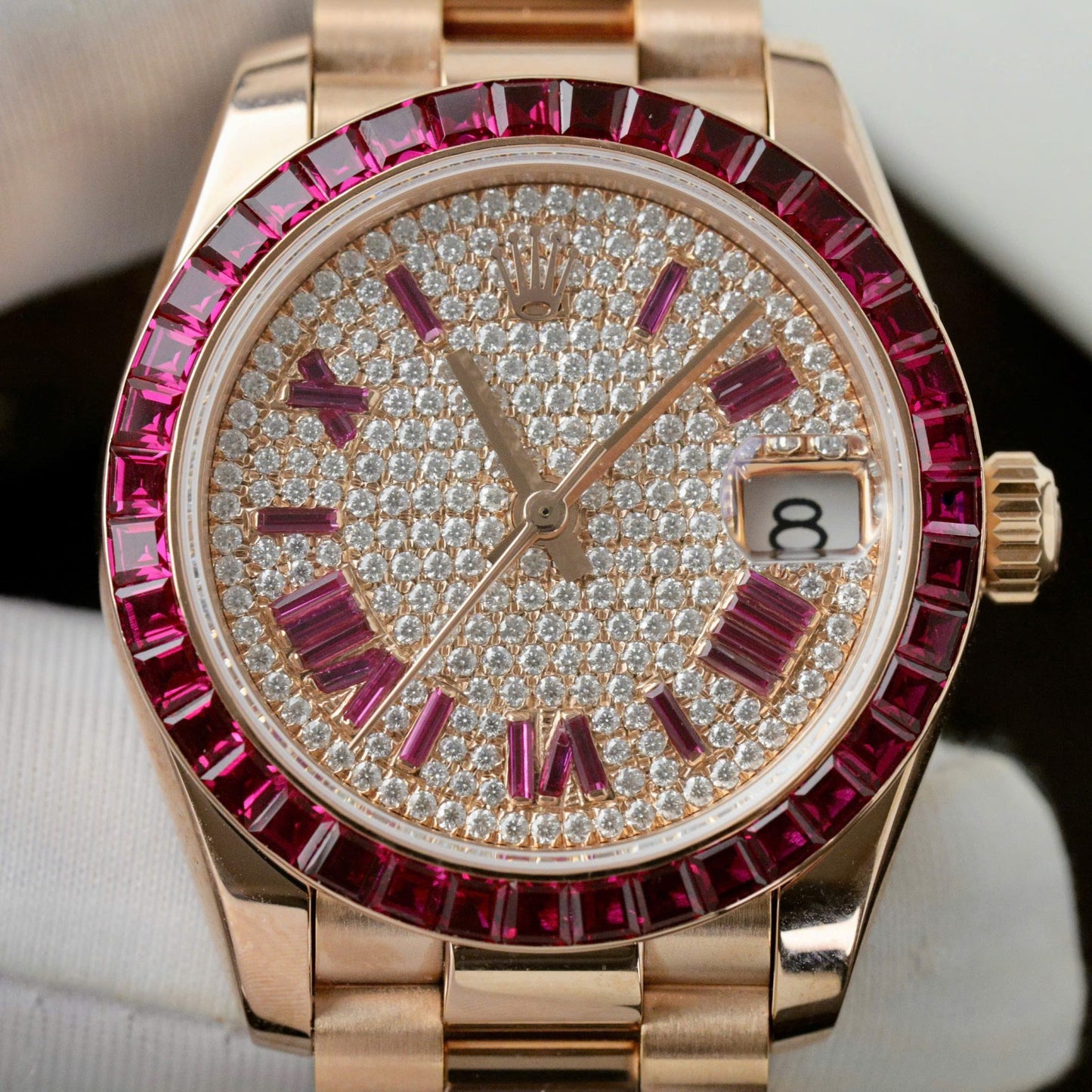 Rolex DateJust Women Custom Gold Wrapped + Ruby Baguette + Diamonds Moissanite 31mm