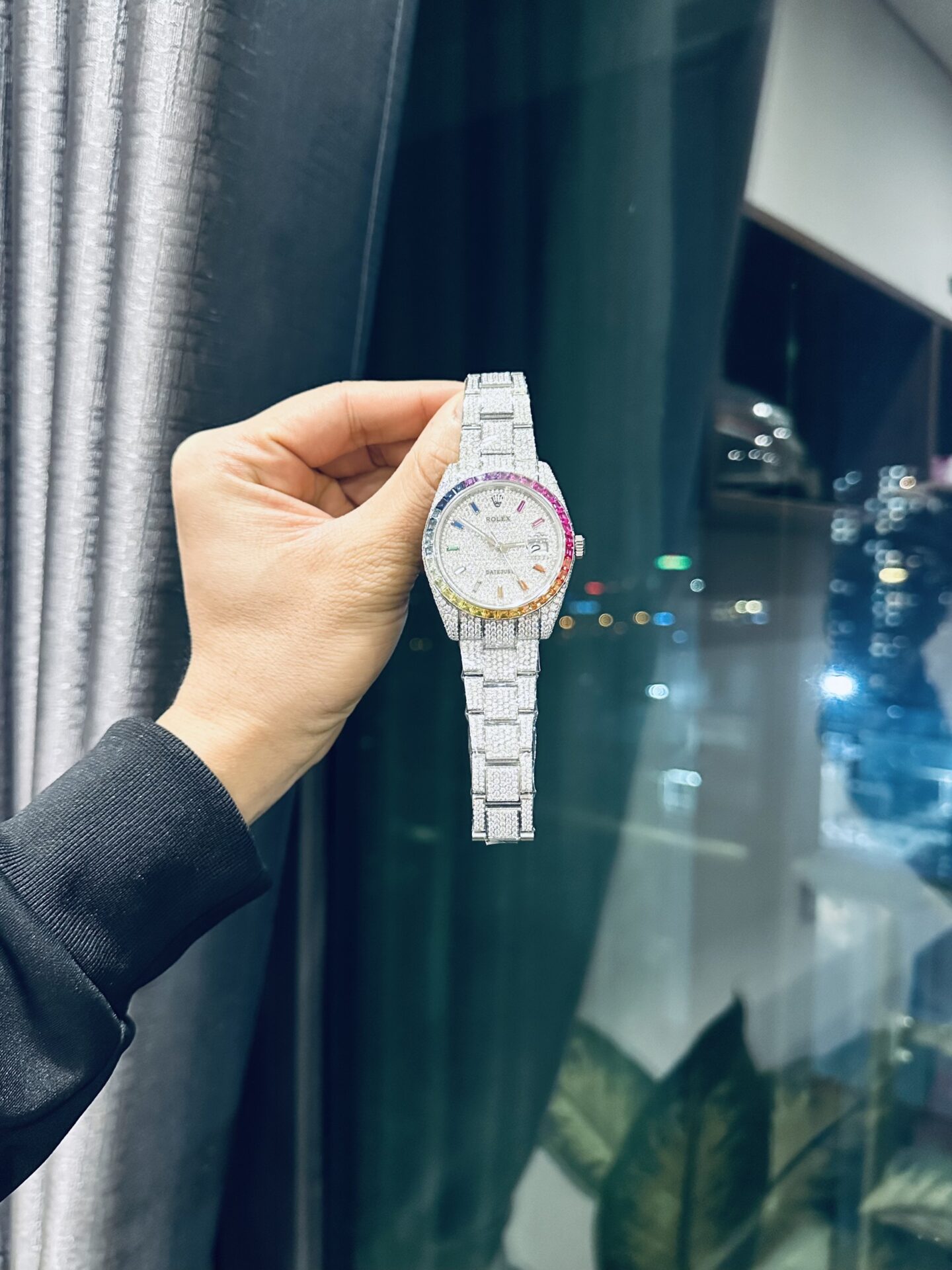 Rolex DateJust Rainbow Replica Watch Custom Moissanite Diamonds 41mm Clone