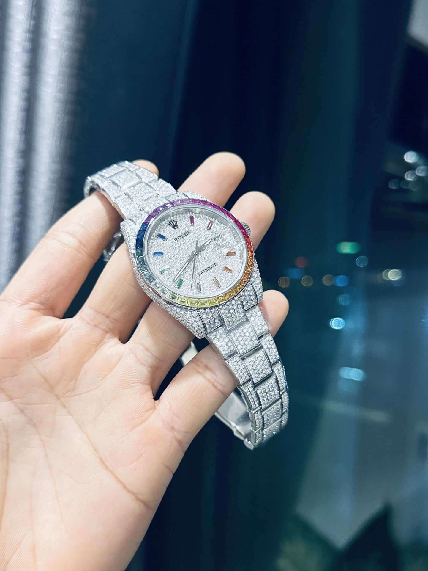 Rolex DateJust Rainbow Replica Watch Custom Moissanite Diamonds 41mm Clone