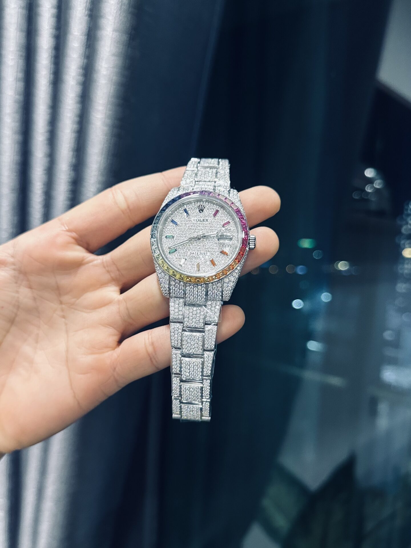 Rolex DateJust Rainbow Replica Watch Custom Moissanite Diamonds 41mm Clone