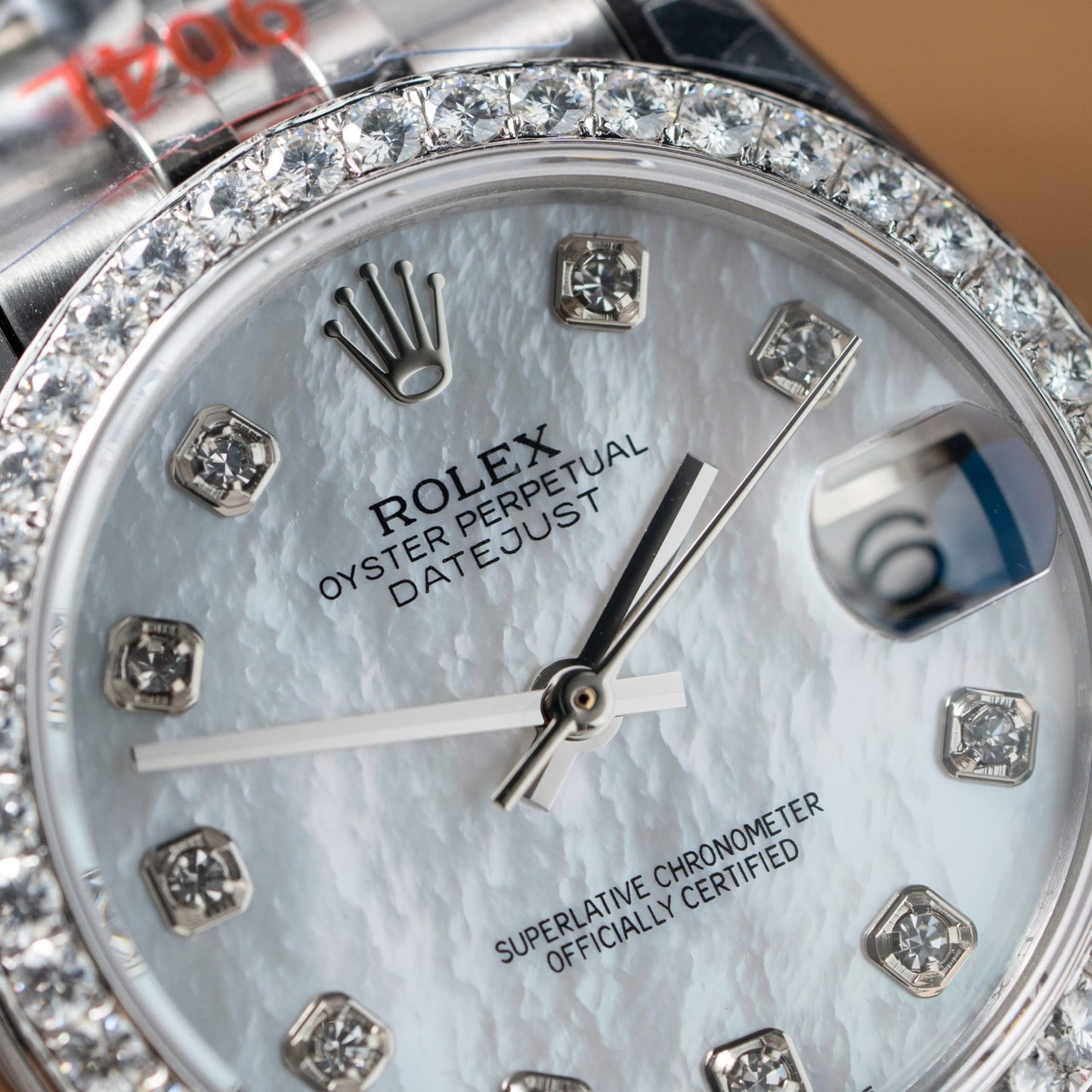 Rolex DateJust Replica Watch Mother Of Pearl Dial With Moissanite Bezel 31mm Clone