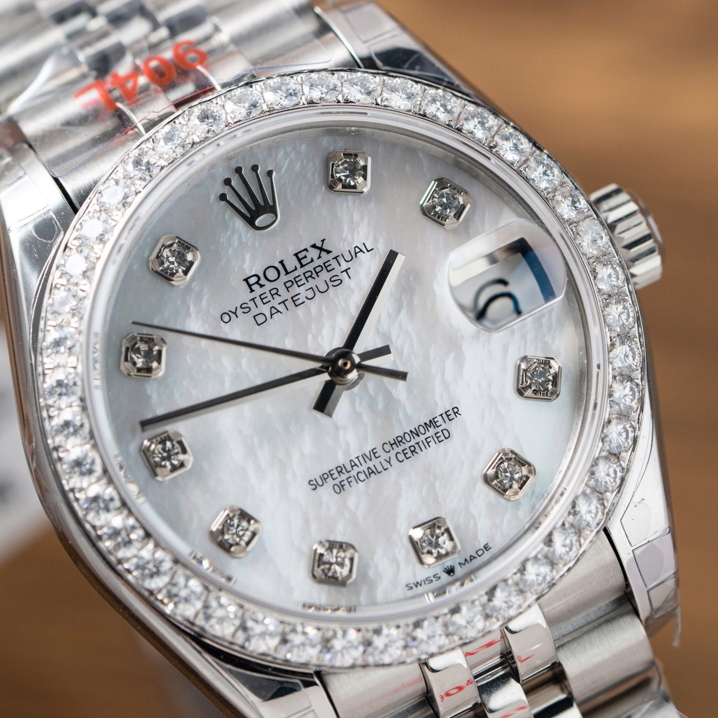 Rolex DateJust Replica Watch Mother Of Pearl Dial With Moissanite Bezel 31mm Clone