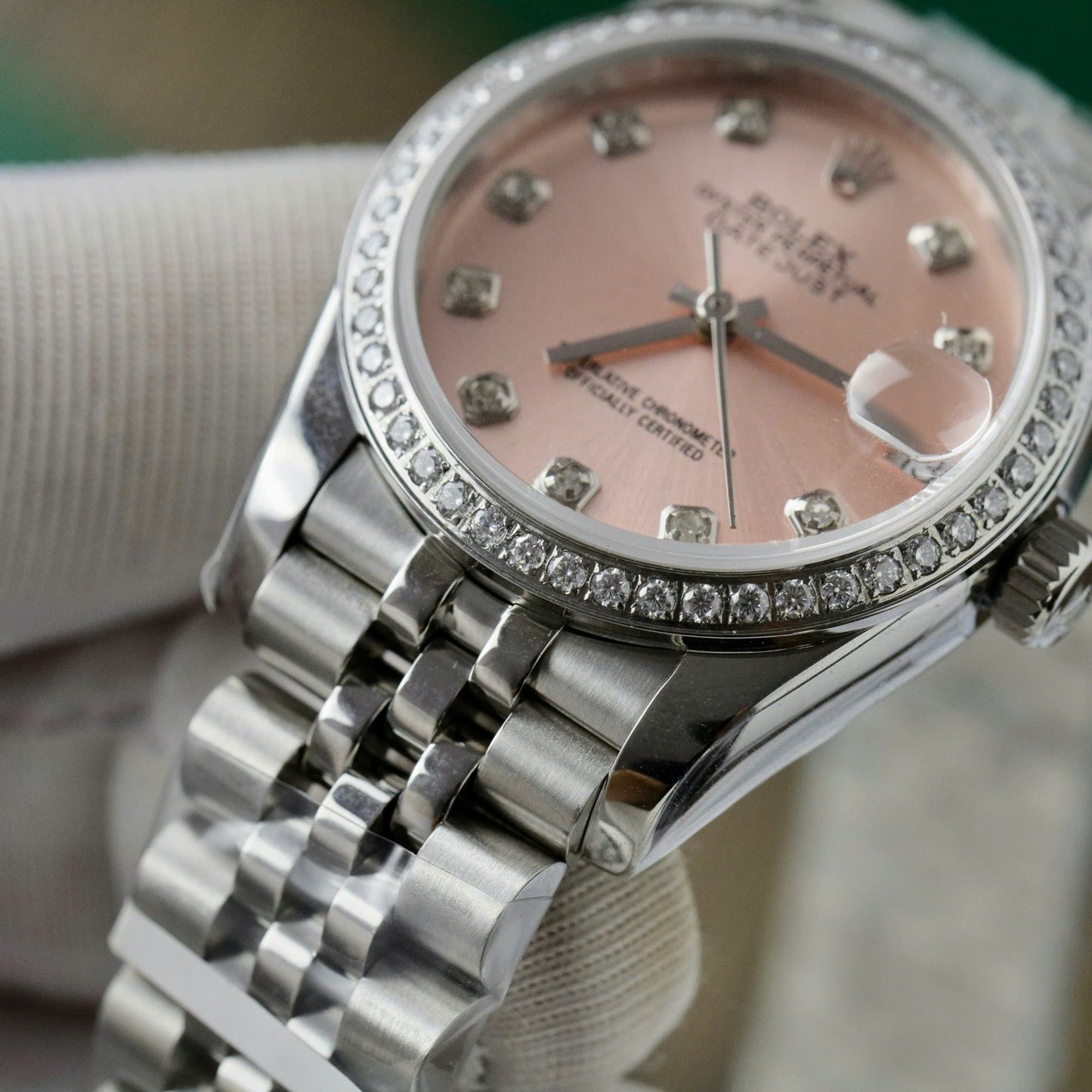Rolex DateJust Replica Watch Womens Pink Dial Custom Moissanite Diamonds 31mm Clone