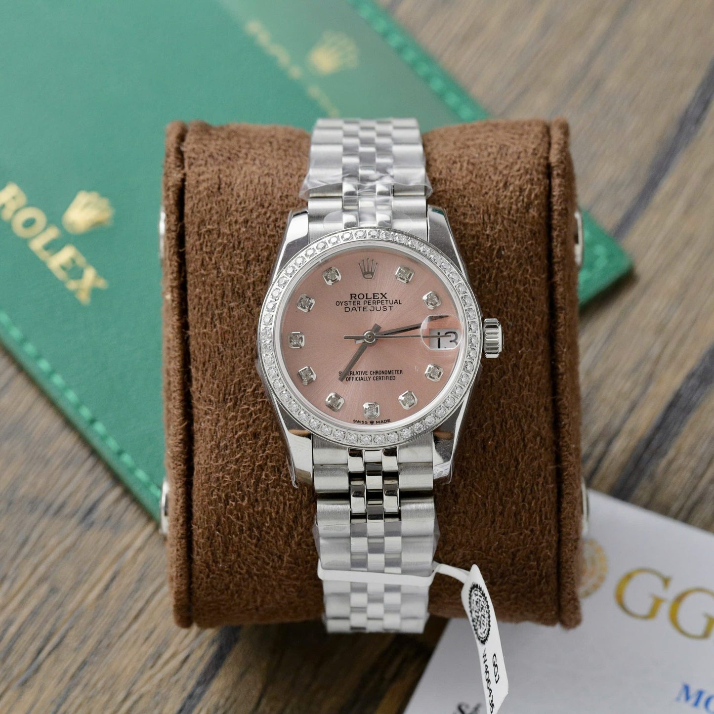 Rolex DateJust Replica Watch Womens Pink Dial Custom Moissanite Diamonds 31mm Clone