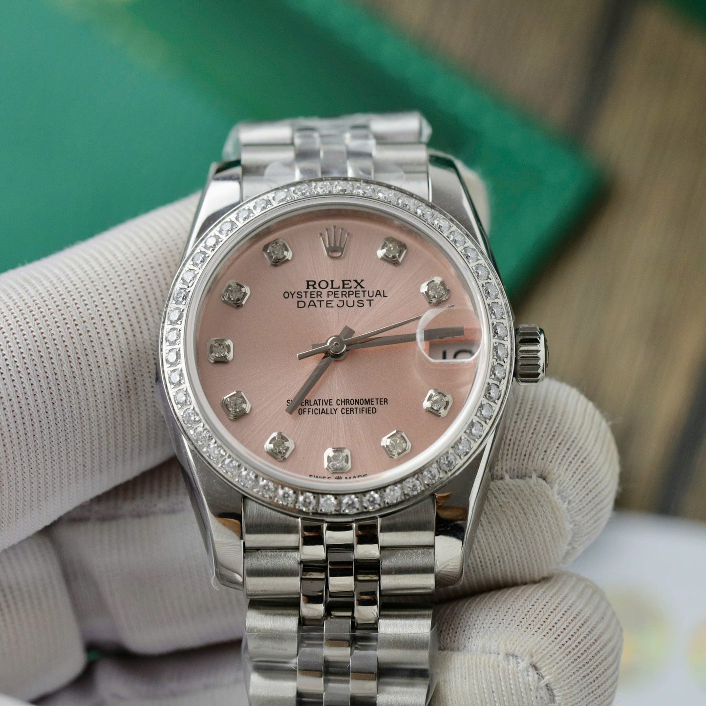 Rolex DateJust Replica Watch Womens Pink Dial Custom Moissanite Diamonds 31mm Clone