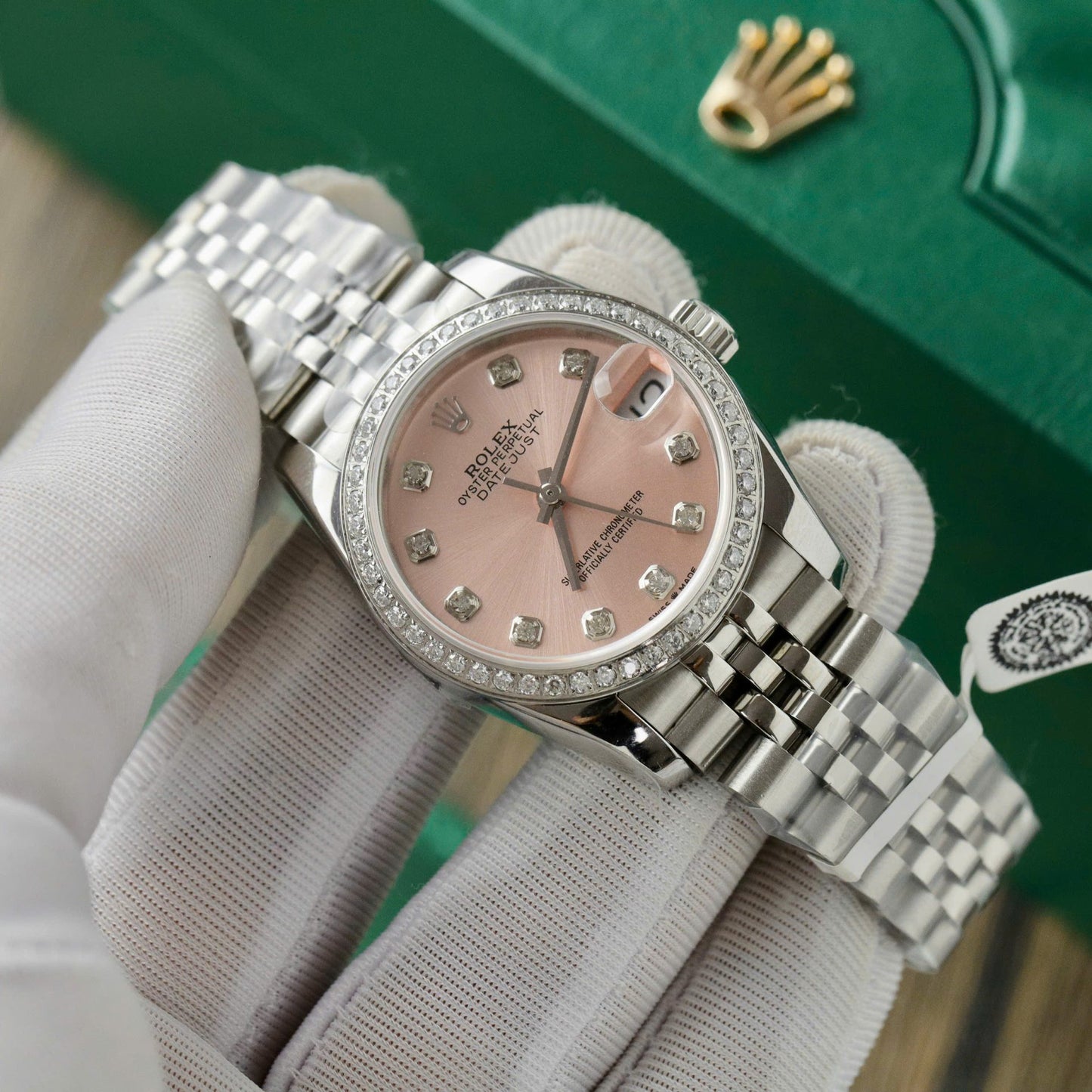 Rolex DateJust Replica Watch Womens Pink Dial Custom Moissanite Diamonds 31mm Clone