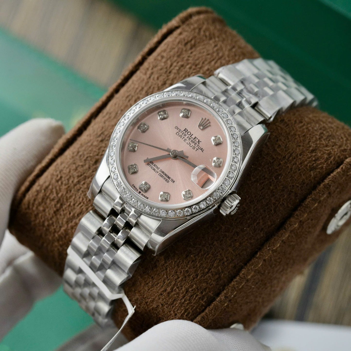 Rolex DateJust Replica Watch Womens Pink Dial Custom Moissanite Diamonds 31mm Clone