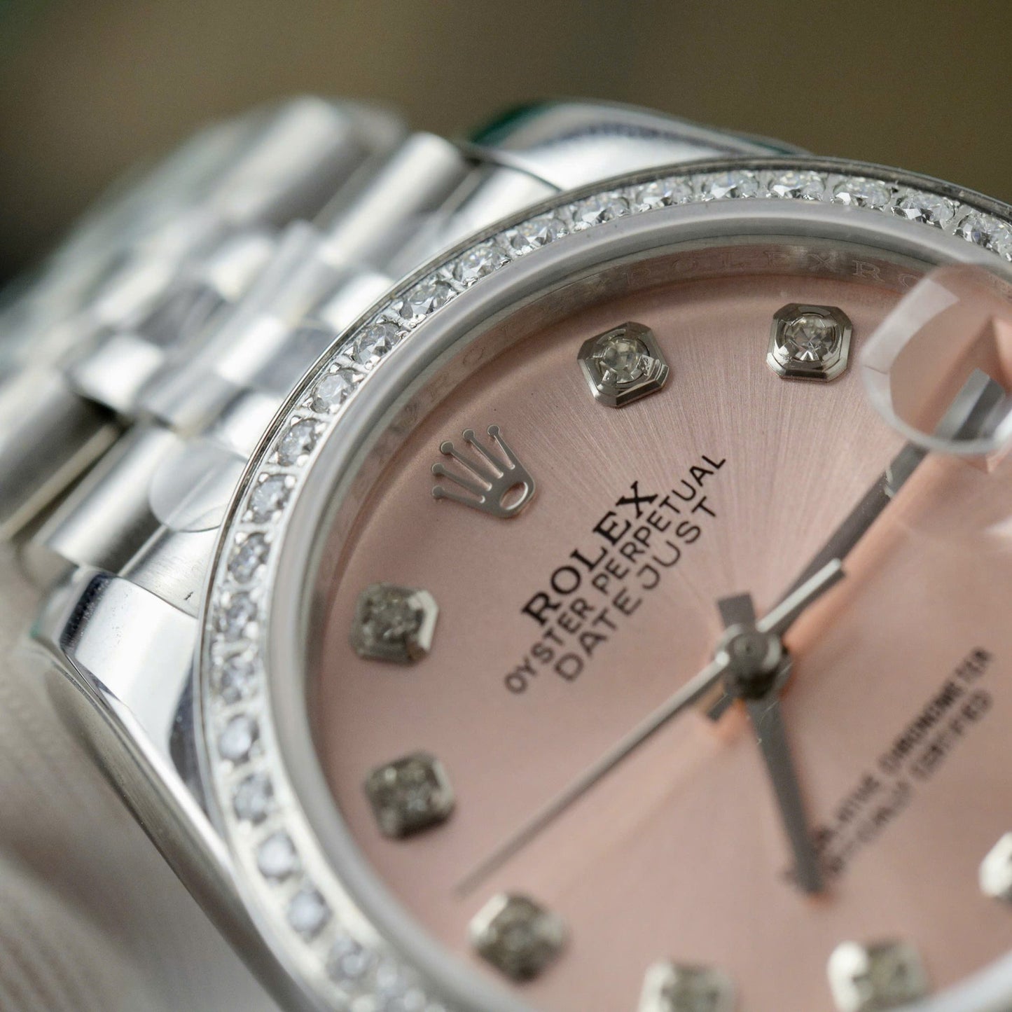 Rolex DateJust Replica Watch Womens Pink Dial Custom Moissanite Diamonds 31mm Clone