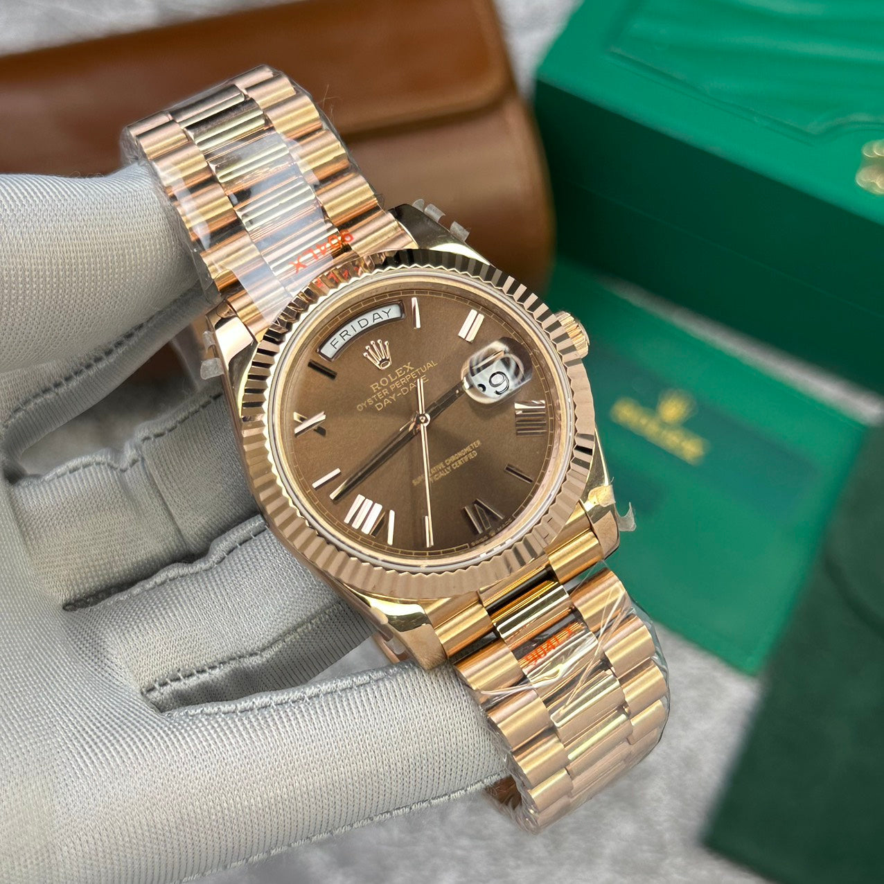 Rolex Day-Date 228235 Rose Gold Chocolate Dial Replica Watch V2 GM Factory 40mm