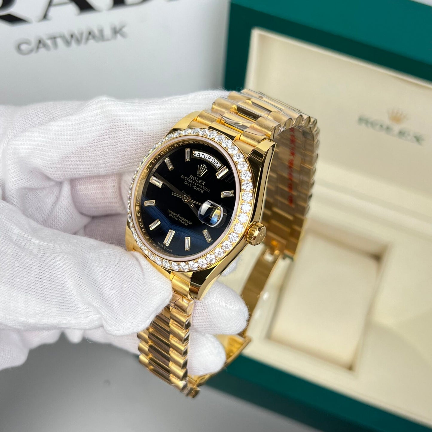 Rolex Day-Date Replica Watch 18K Gold Wrapped Black Dial With Diamond Bezel GM V2 40mm