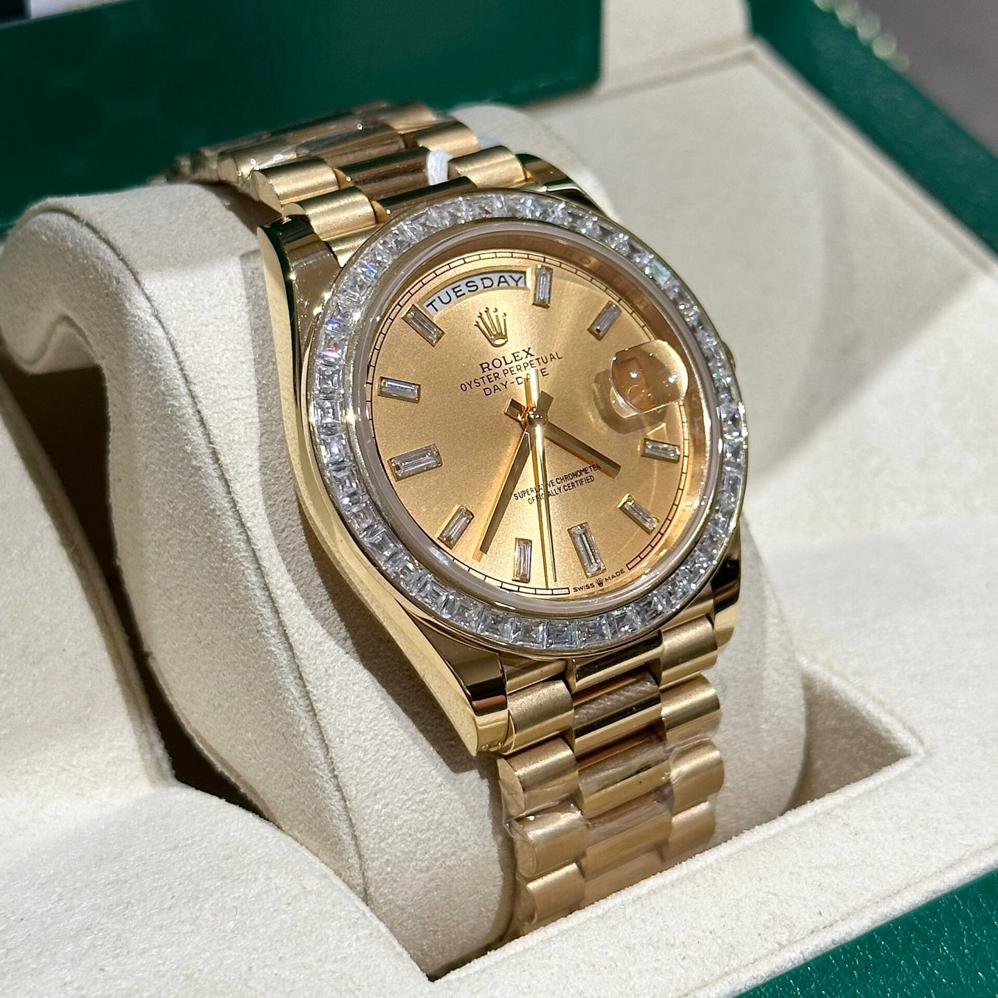 Rolex Day-Date Replica Watch Gold Wrapped Moissanite Baguette Diamond 40mm Clone